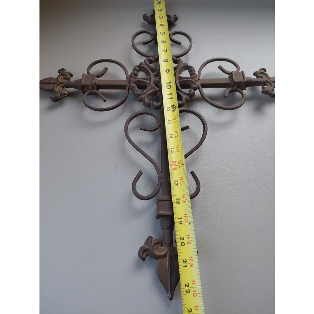Vtg Large Heavy Cross Fleur de Lis Decorative Cast Wrought Iron Garden Home Goth - Picture 9 of 12